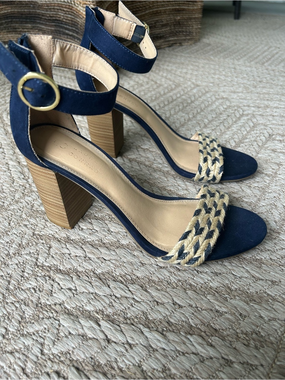 LC Lauren Conrad Navy Suede Block Heel Sandals with Braided Jute Strap